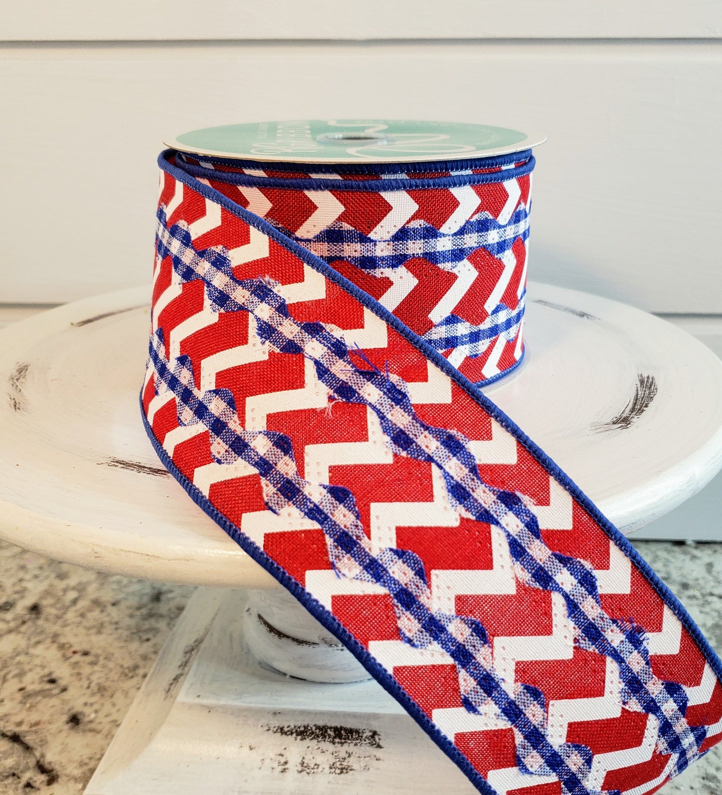 RG2026A1-2.5"x10yd Gingham Ricrac/Chevron Patriotic Ribbon-Red/White/Blue - TCTCrafts