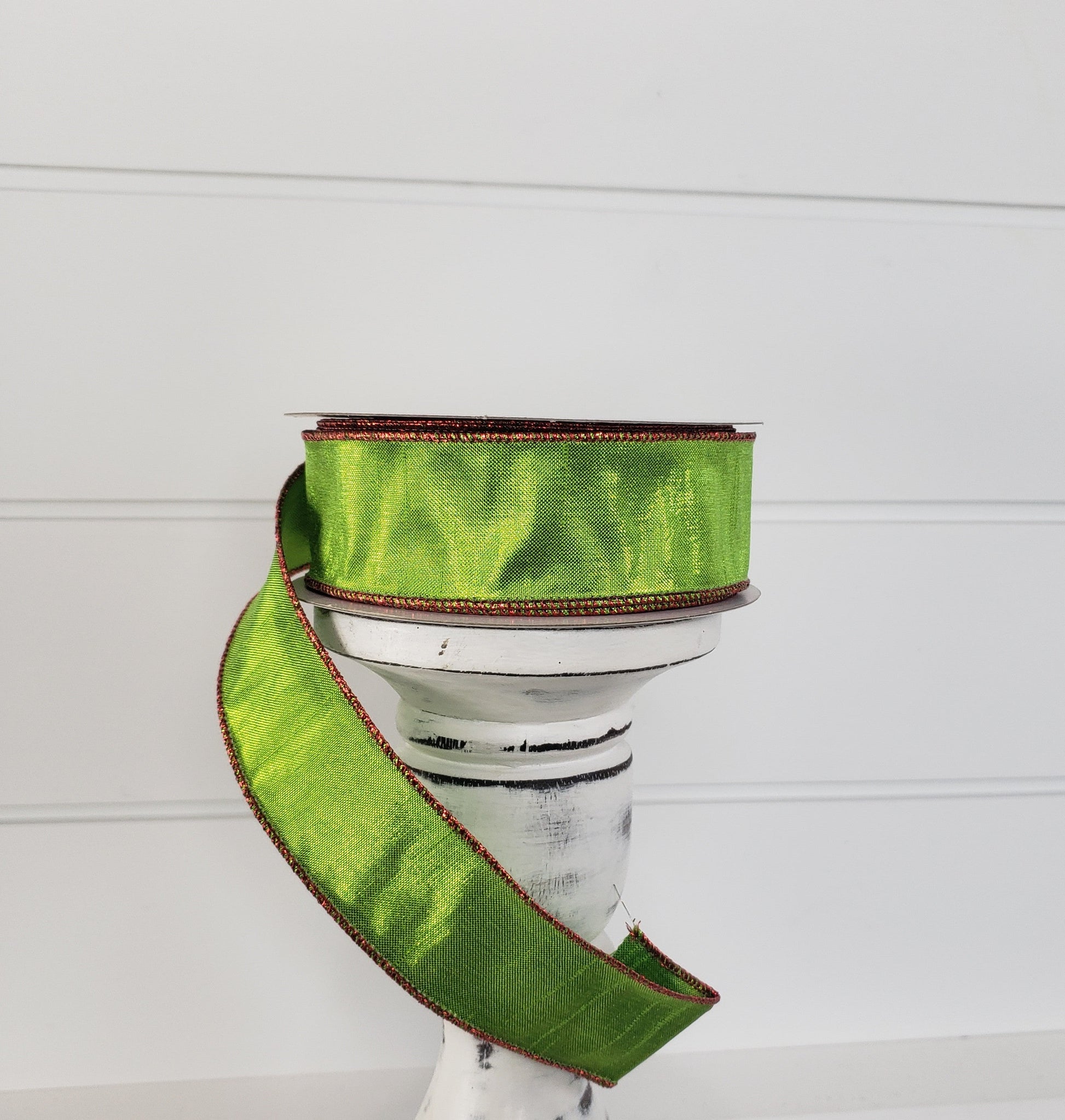 1.5"x10yd Metallic Faux Dupioni Wired Ribbon - Shimmering Elegance in Lime Green and Red-RGA1434WY TCT Crafts