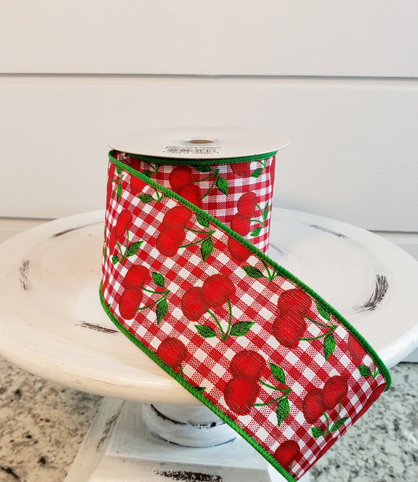 RGA165056-2.5"x10YD Cherries on Gingham Check-Red/White/Green Summer Ribbon - TCTCrafts