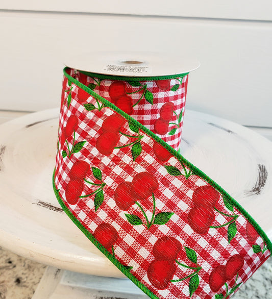 RGA165056-2.5"x10YD Cherries on Gingham Check-Red/White/Green Summer Ribbon - TCTCrafts