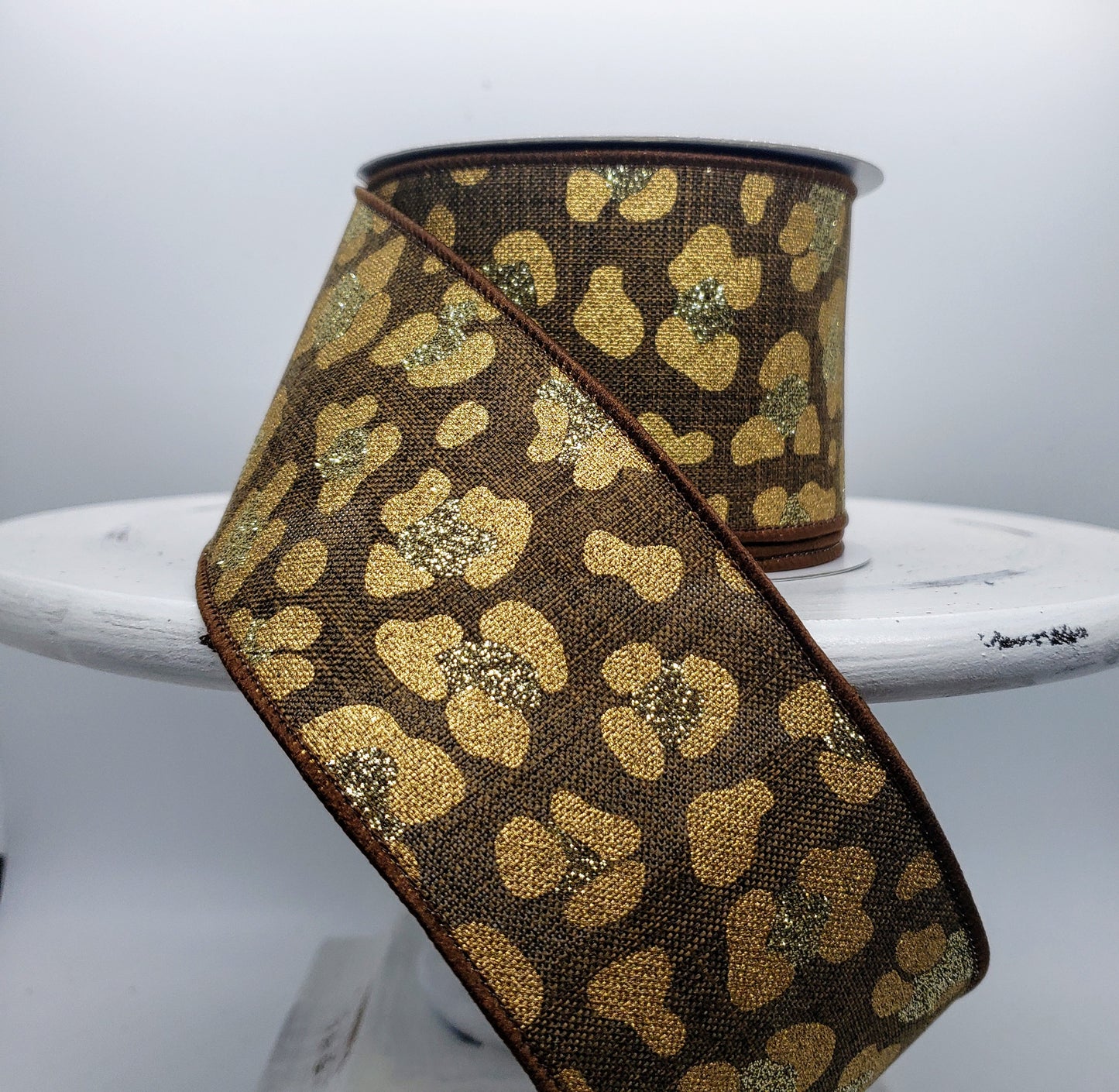 Leopard Print Ribbon on Royal-Brown/Gold/Light Gold, 2.5 inch -RGB141304 - TCTCrafts