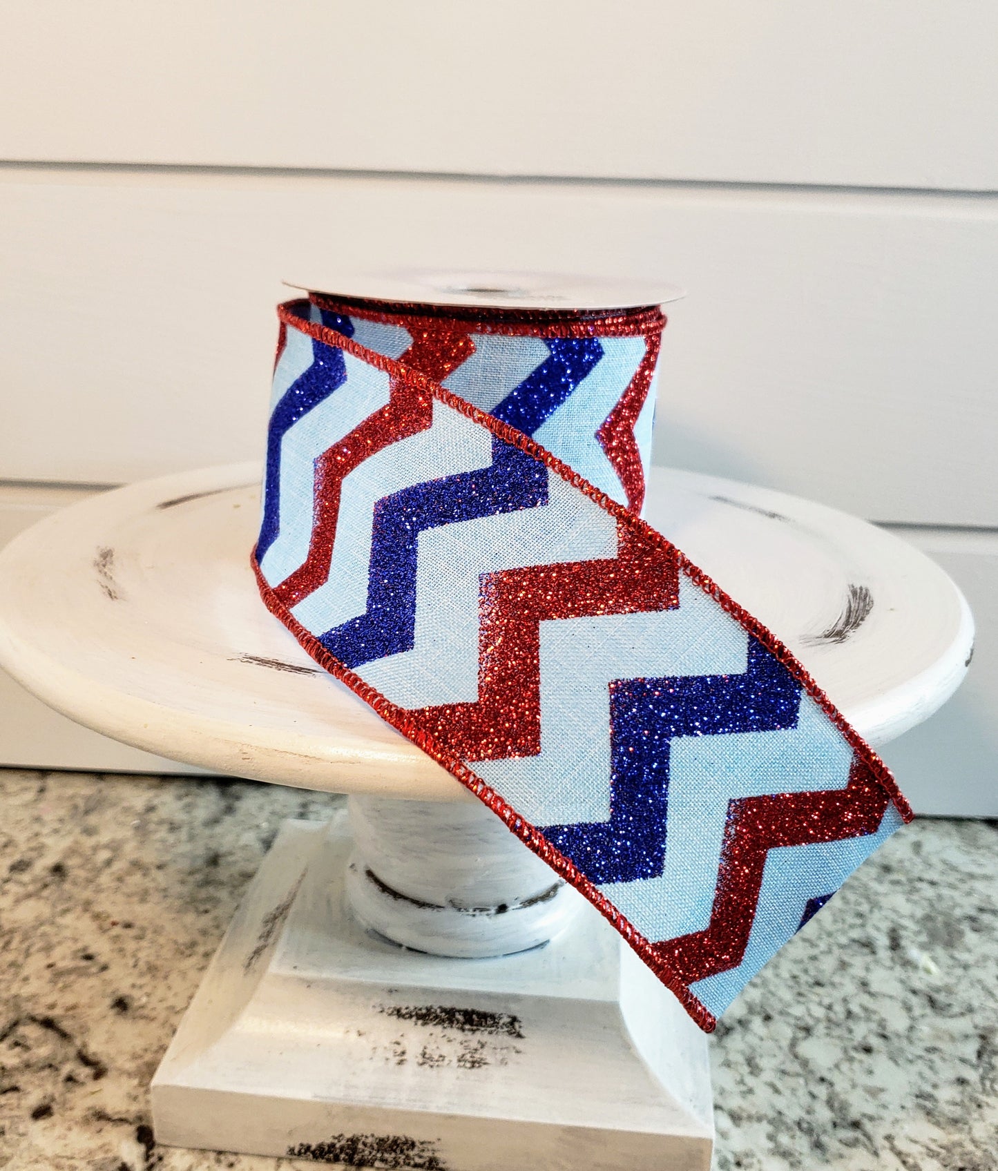 RGC123614-2.5"x10Yd Glitter Chevron on Royal-Pale Blue/Red/Blue Patriotic Ribbon - TCTCrafts