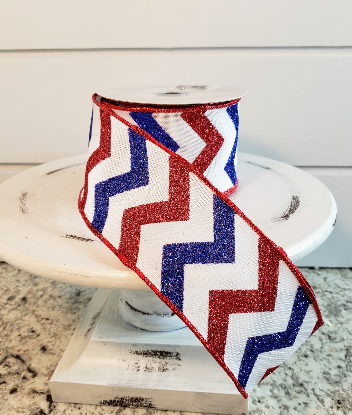 RGC12367J-2.5"x10YD Glitter Chevron on Faux Royal-Red/White/Blue - TCTCrafts