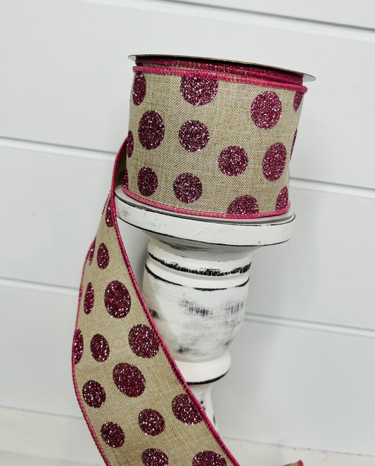 2.5"x10YD Glitter Polka Dots on Natural Ribbon - Pink/Natural - Sparkling Elegance for Crafts and Decor-(RGC187118) TCT Crafts