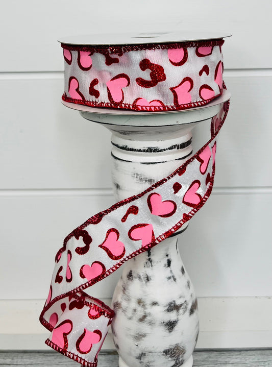 1.5"x10YD Heart Leopard Spots Valentine's Day Wired Ribbon - Pink/Red/White - Playful Romance for Crafts and Decor (RGC189624) TCT Crafts
