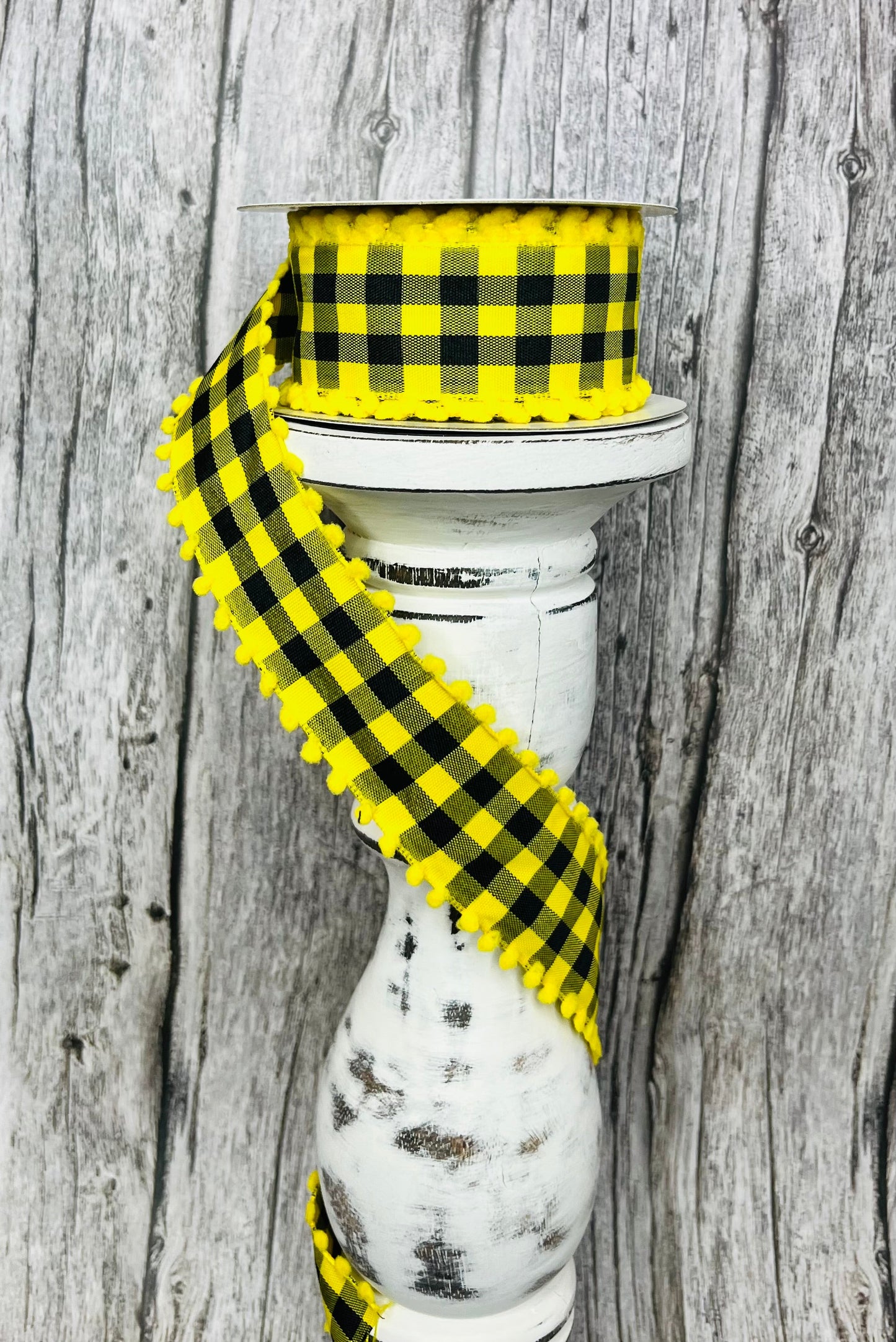 1.5"x10YD Yellow/Black Check Ribbon with Poms - Playful Charm and Vibrant Style- (RN585873) TCT Crafts