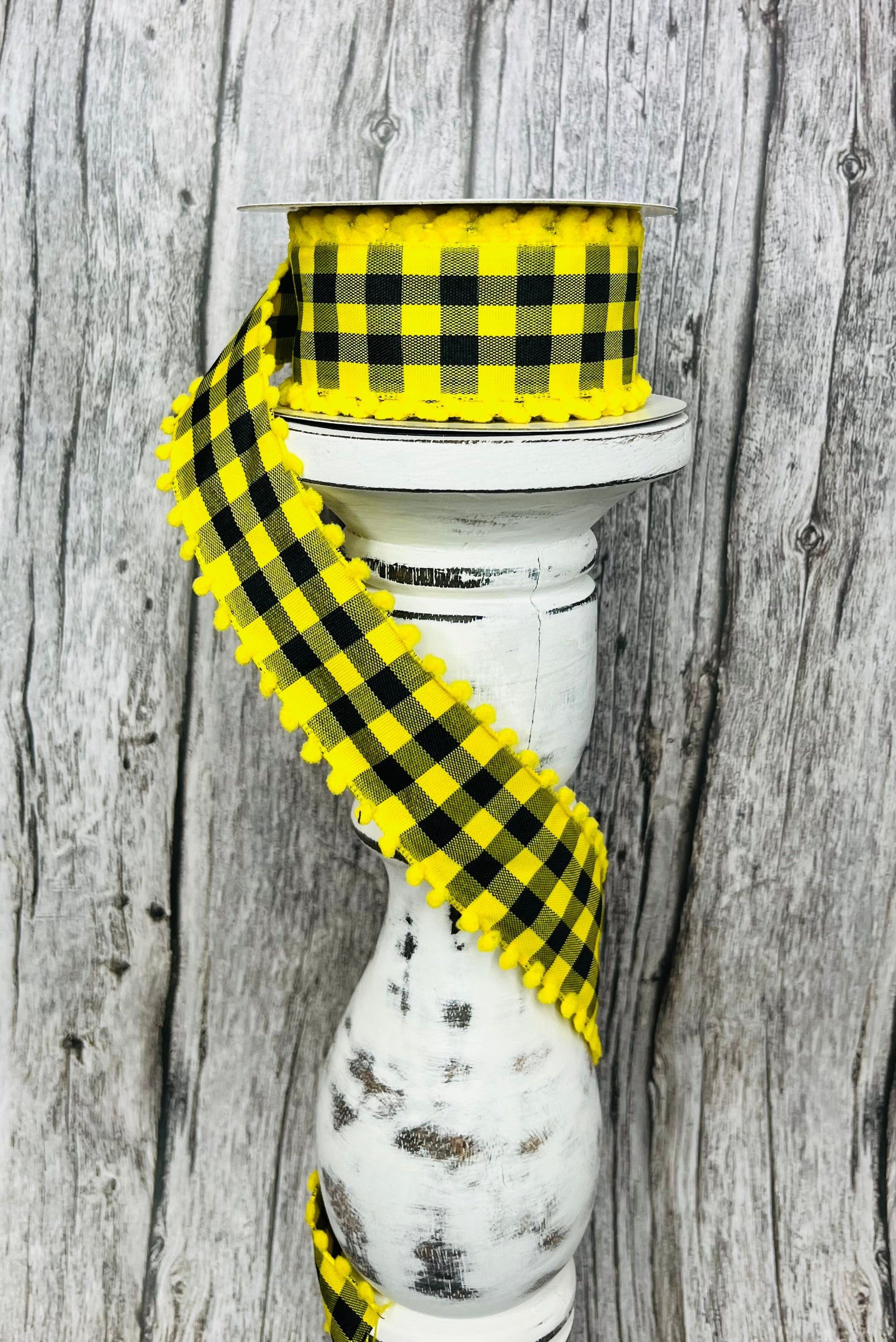 1.5"x10YD Yellow/Black Check Ribbon with Poms - Playful Charm and Vibrant Style- (RN585873) TCT Crafts