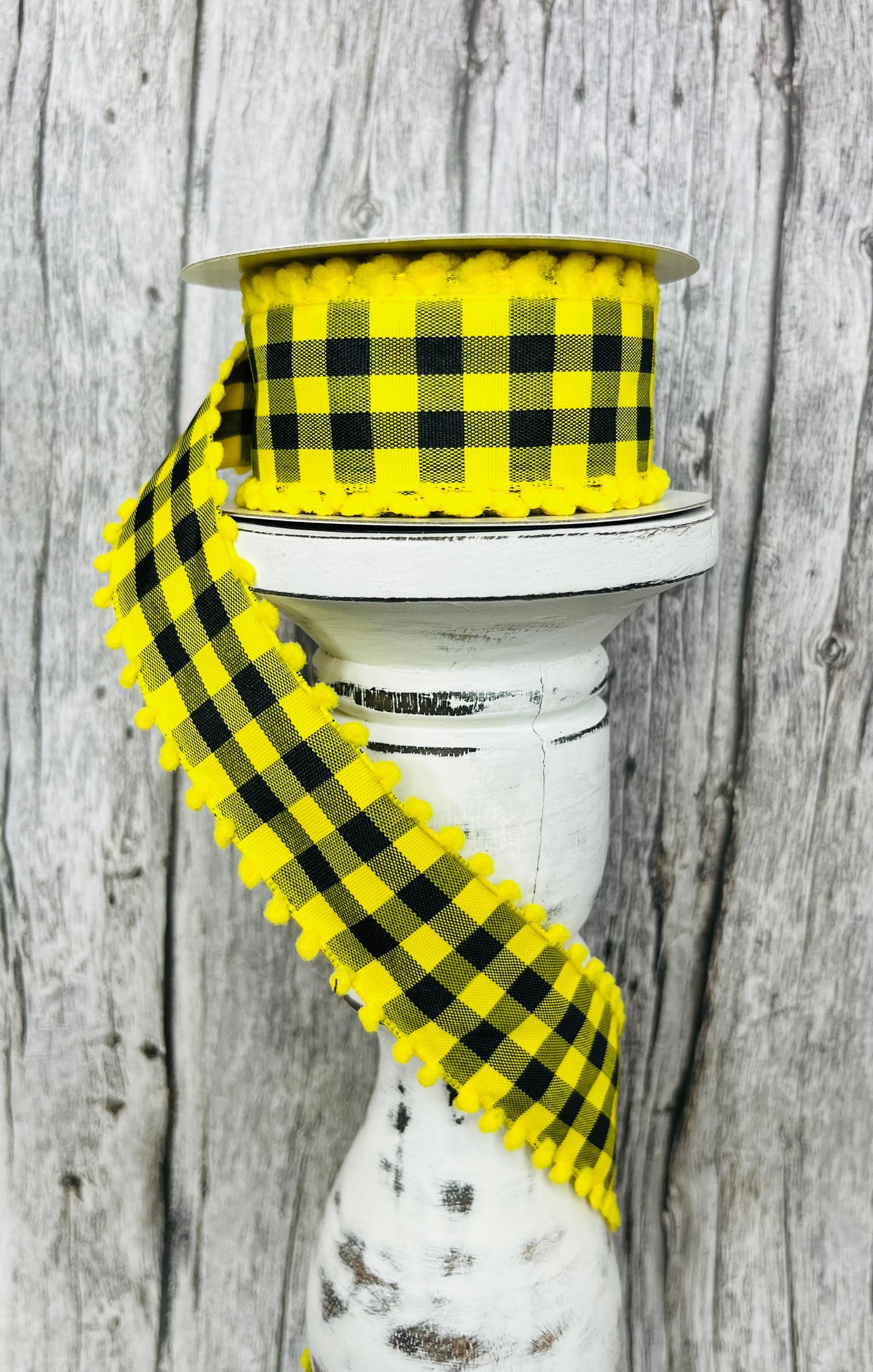 1.5"x10YD Yellow/Black Check Ribbon with Poms - Playful Charm and Vibrant Style- (RN585873) TCT Crafts