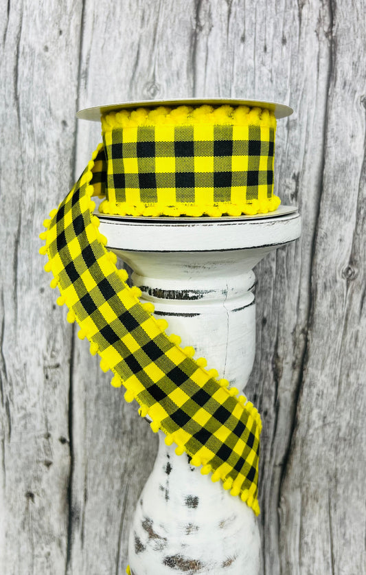 1.5"x10YD Yellow/Black Check Ribbon with Poms - Playful Charm and Vibrant Style- (RN585873) TCT Crafts