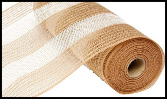 RY800348-10.5"x10yd Poly/Jute/Cotton Stripe Mesh Natural/White - TCTCrafts