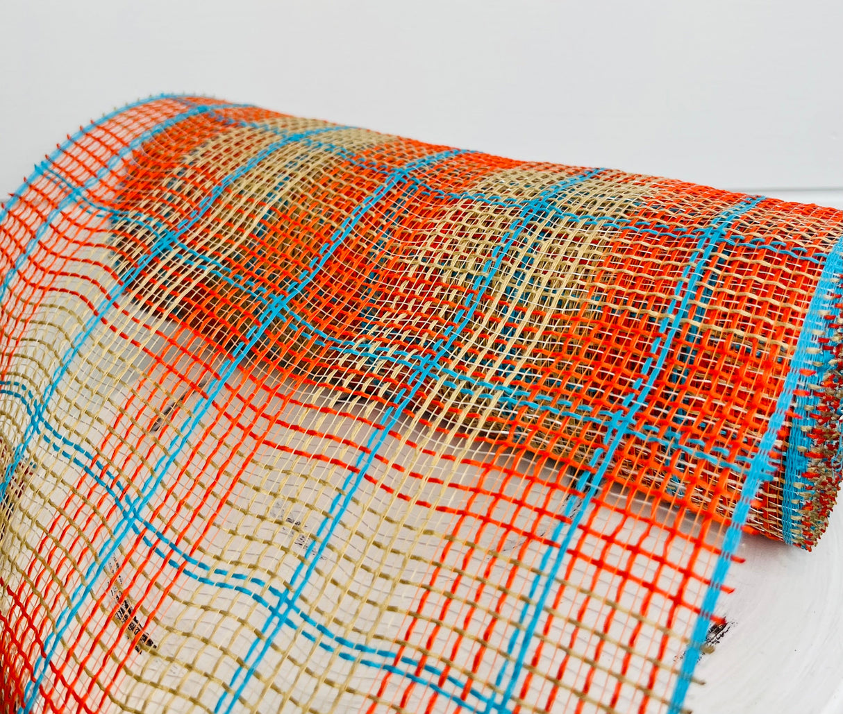 10.25" x 10yd Fall Plaid Faux Jute Mesh Roll - Orange, Natural & Turquoise, Ideal for Wreath Making-RY8331X4 TCT Crafts