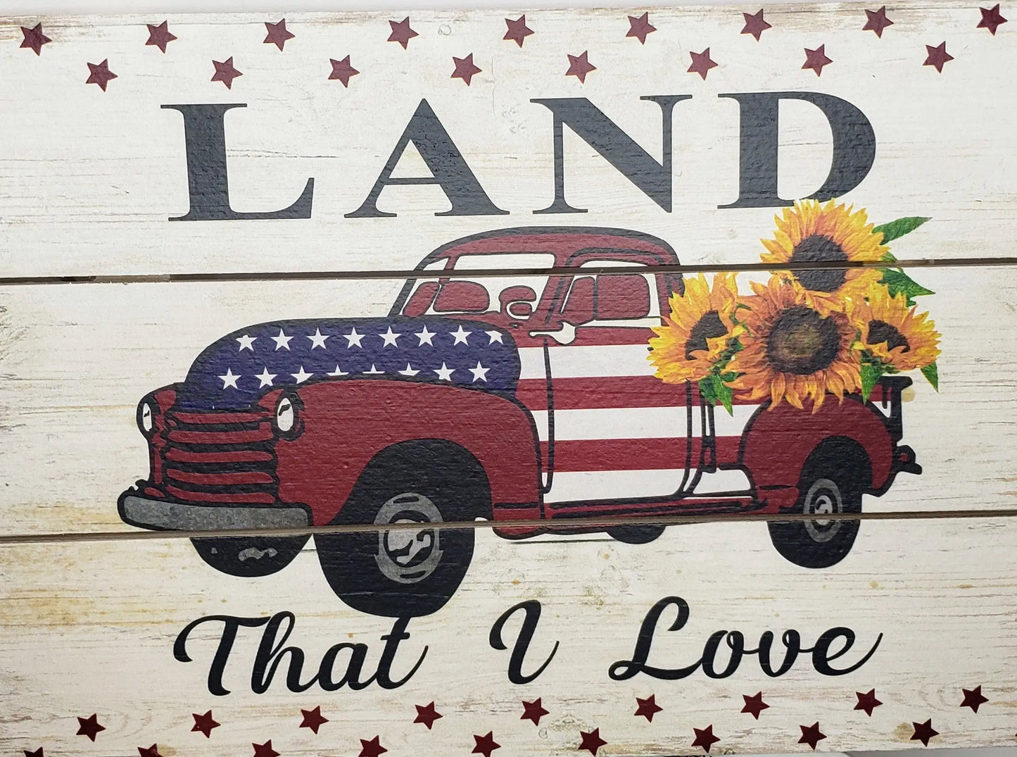 CM2133-12"x8" Wooden Sign with Rope "Land That I Love" Truck with Sunflowers - TCTCrafts