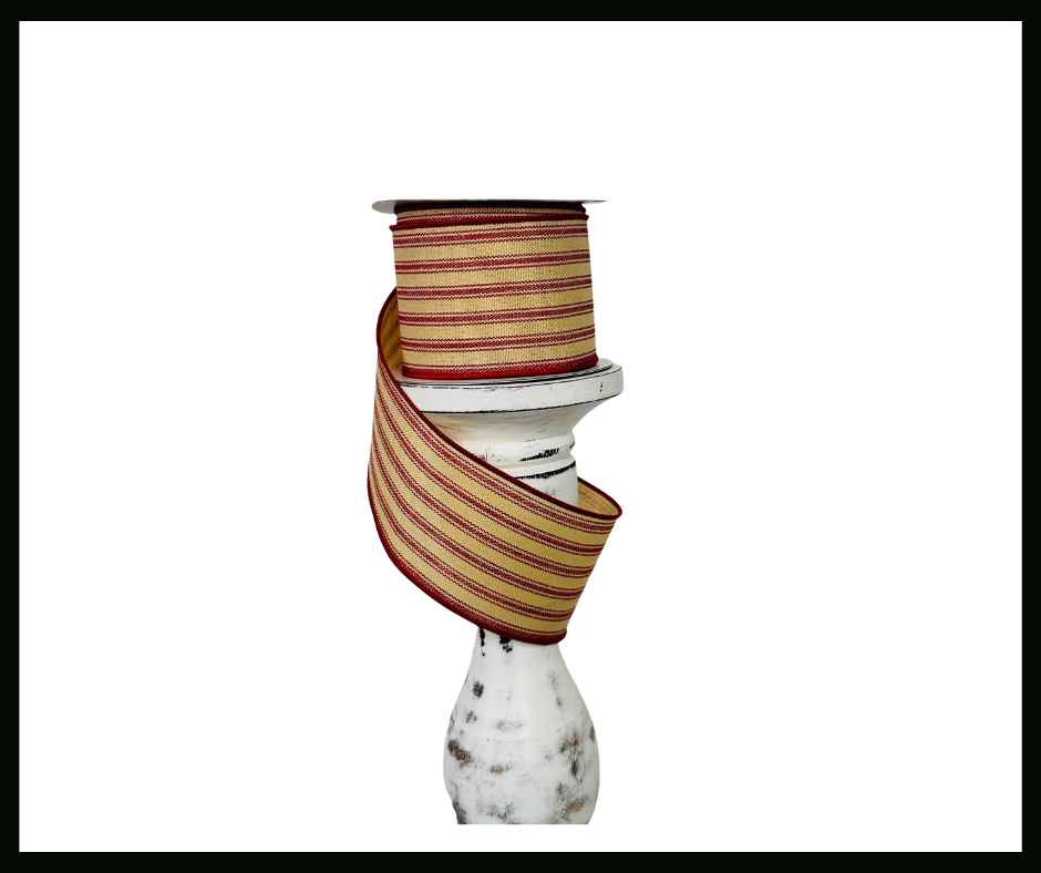 2.5"x10yd Ticking Stripe Wired Ribbon - Classic Red and Tan Design-RGE1497CM