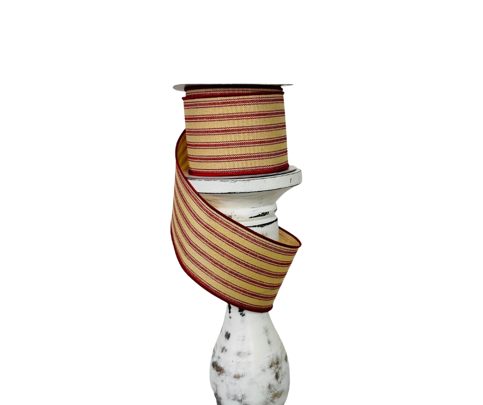 2.5"x10yd Ticking Stripe Wired Ribbon - Classic Red and Tan Design-RGE1497CM