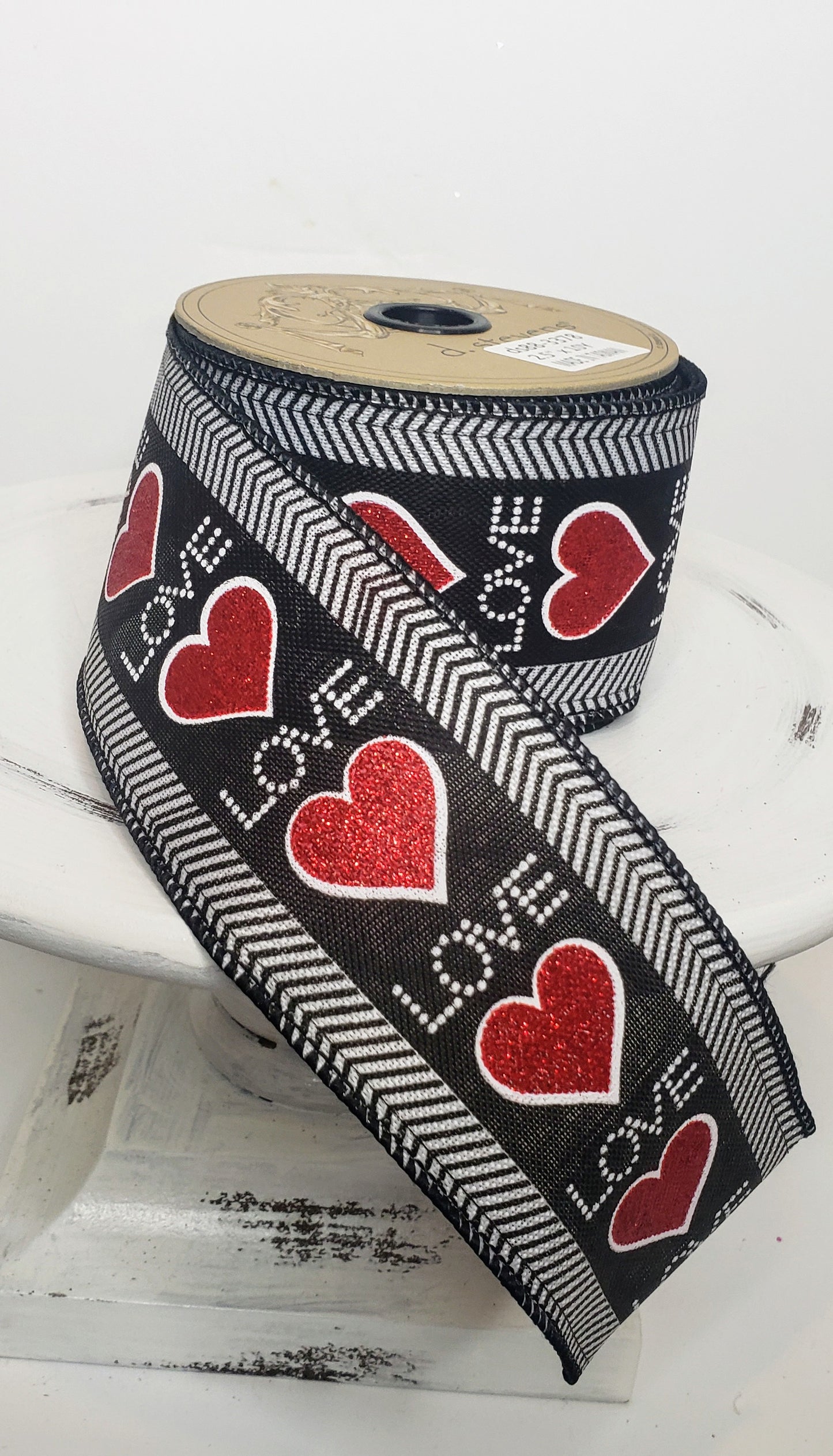 DS88-3378-4 inch Faux Linen Herringbone Red Glitter Hearts Valentine's Day Wired Ribbon - TCTCrafts