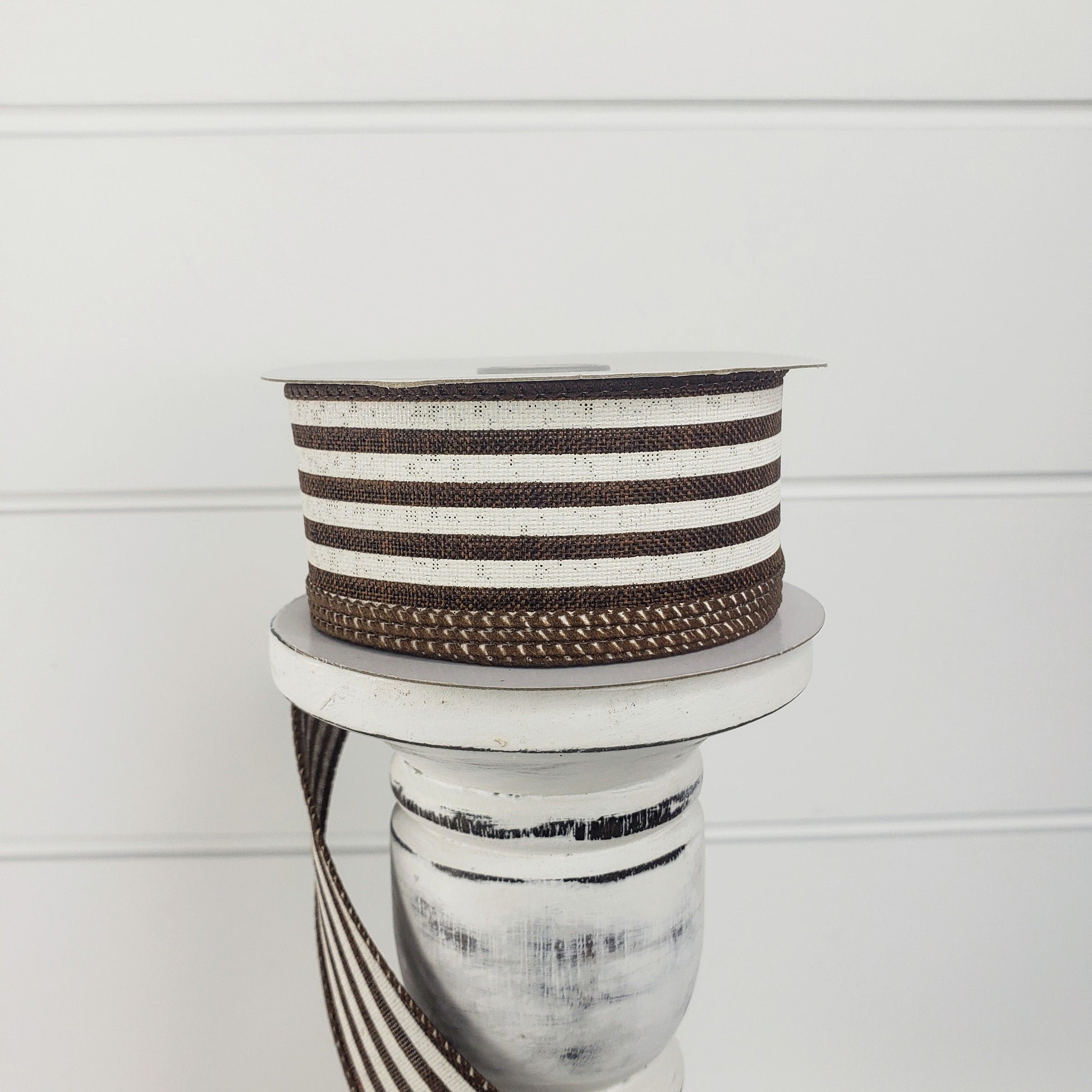1.5"x10YD Chocolate Linen/Ivory Cabana Stripe Wired Ribbon - Rustic Sophistication for Crafts, Wreathmaking, and Decor-(X916309-38) TCT Crafts