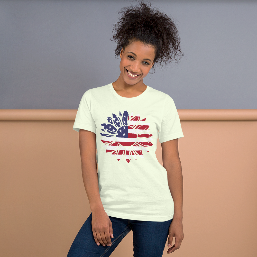 Short-Sleeve Women's Patriotic Shirt,Patriotic T-Shirt,Patriotic Sunflower Shirt,Memorial Day Shirt,USA Flag shirt Printful