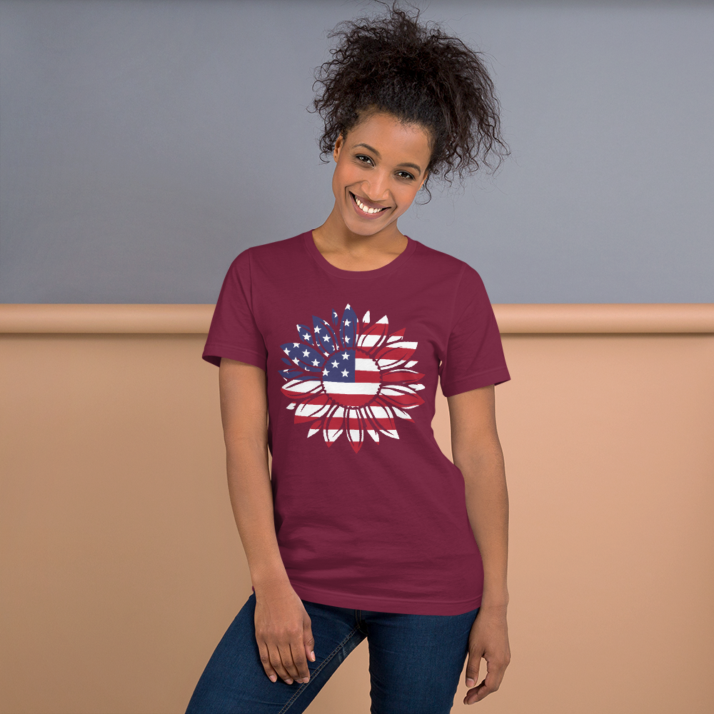 Short-Sleeve Women's Patriotic Shirt,Patriotic T-Shirt,Patriotic Sunflower Shirt,Memorial Day Shirt,USA Flag shirt Printful