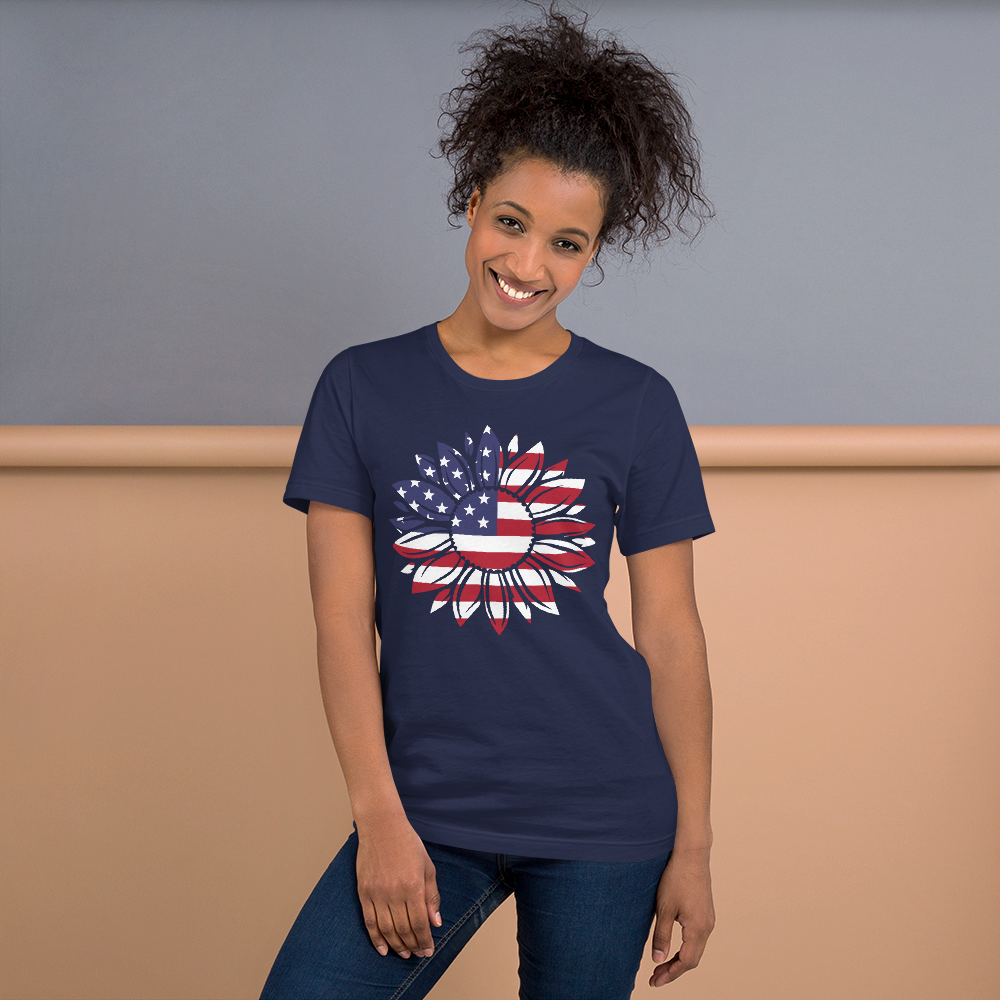 Short-Sleeve Women's Patriotic Shirt,Patriotic T-Shirt,Patriotic Sunflower Shirt,Memorial Day Shirt,USA Flag shirt Printful