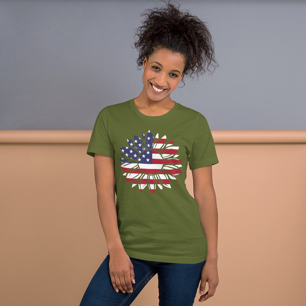 Short-Sleeve Women's Patriotic Shirt,Patriotic T-Shirt,Patriotic Sunflower Shirt,Memorial Day Shirt,USA Flag shirt Printful