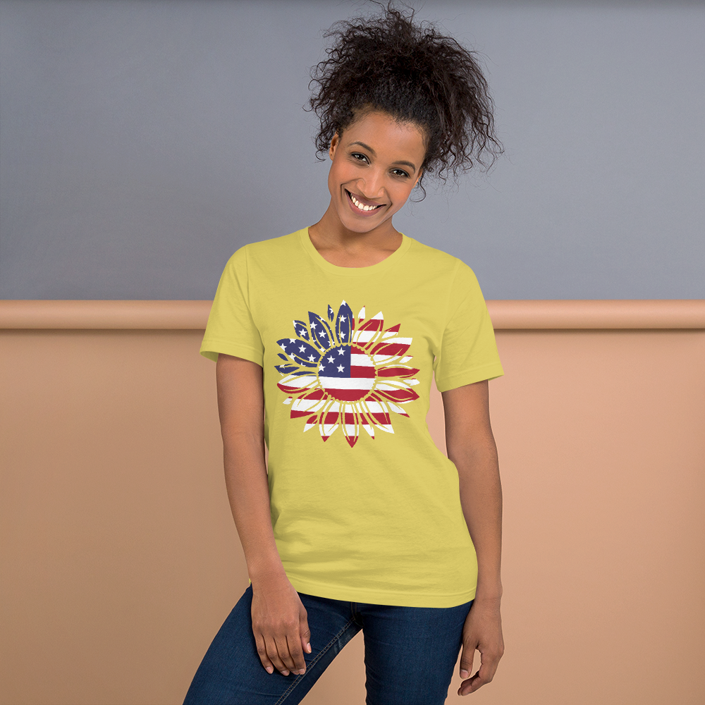 Short-Sleeve Women's Patriotic Shirt,Patriotic T-Shirt,Patriotic Sunflower Shirt,Memorial Day Shirt,USA Flag shirt Printful