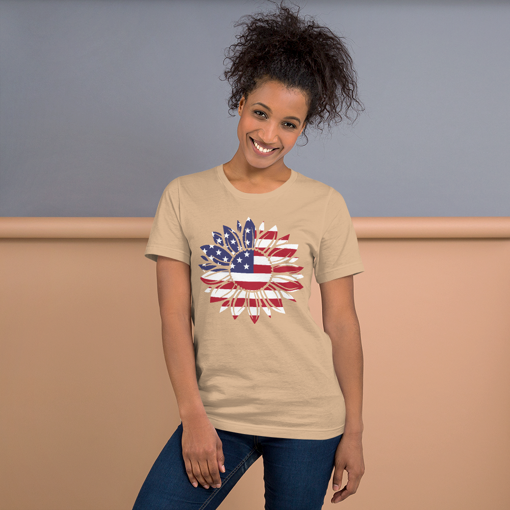 Short-Sleeve Women's Patriotic Shirt,Patriotic T-Shirt,Patriotic Sunflower Shirt,Memorial Day Shirt,USA Flag shirt Printful