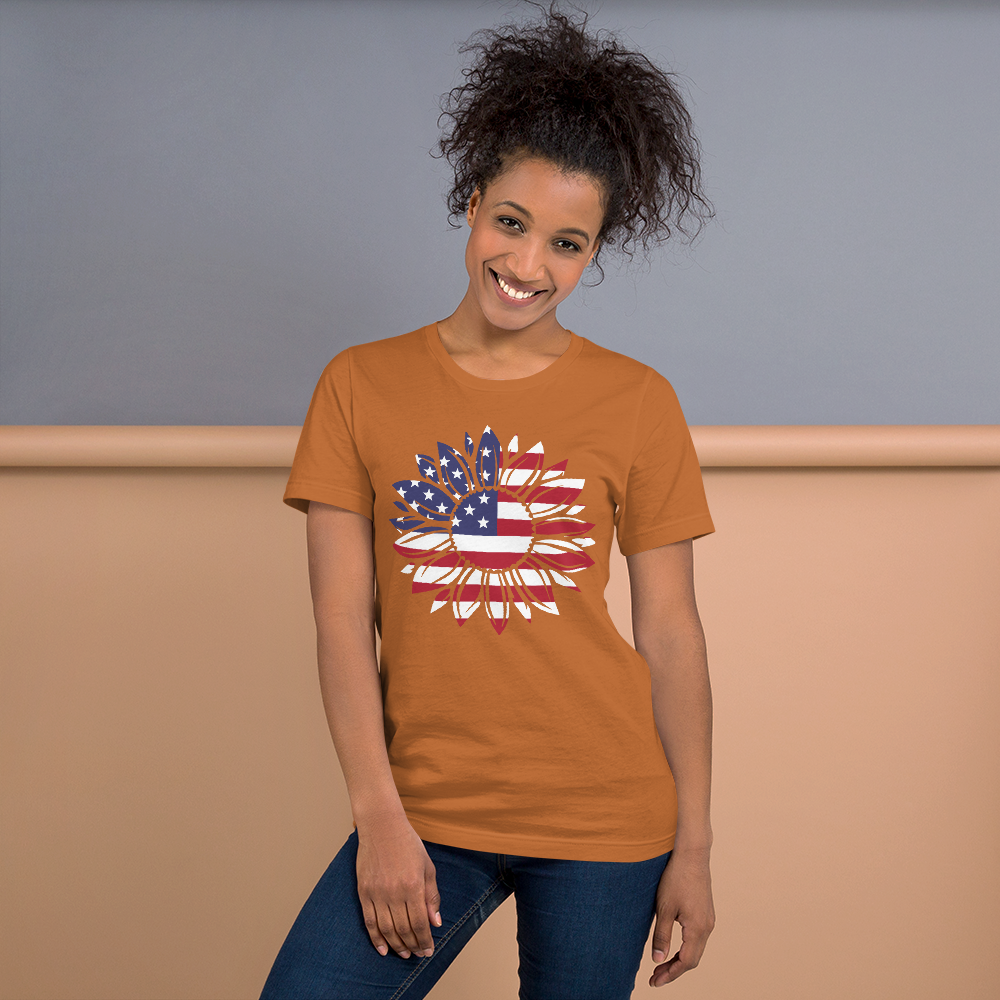 Short-Sleeve Women's Patriotic Shirt,Patriotic T-Shirt,Patriotic Sunflower Shirt,Memorial Day Shirt,USA Flag shirt Printful