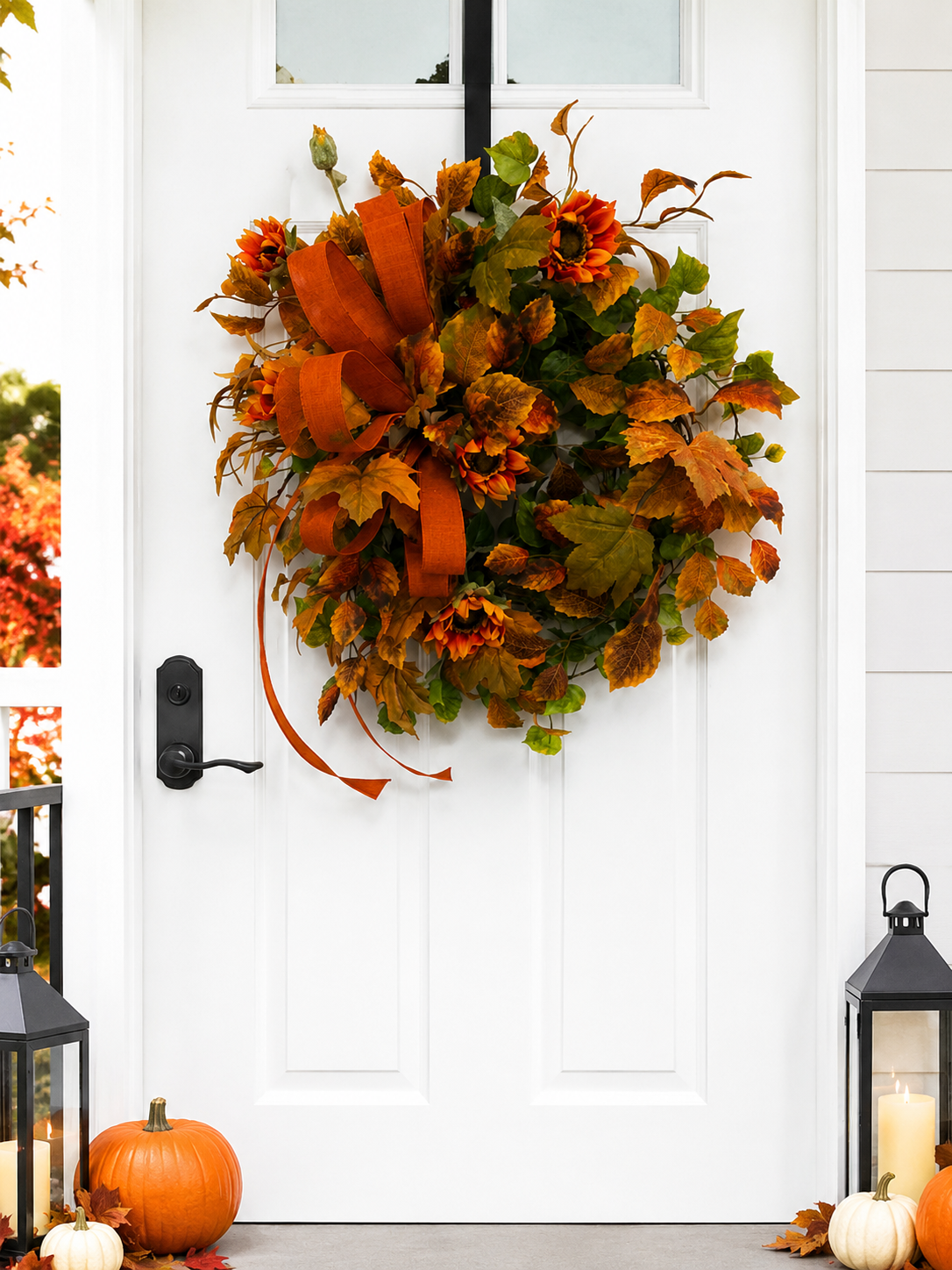 Fall Sunflower Wreath | Orange Maple Leaf Grapevine Wreath | 30"x25" TCT Crafts