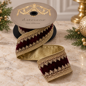 D. Stevens Burgundy Velvet Jeweled Trim Ribbon | Gold Countess Wired Ribbon | 2.5" x 5yd-05-2010 D. Stevens