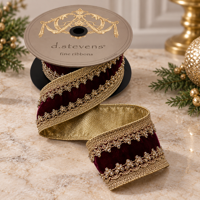 D. Stevens Burgundy Velvet Jeweled Trim Ribbon | Gold Countess Wired Ribbon | 2.5" x 5yd-05-2010 D. Stevens