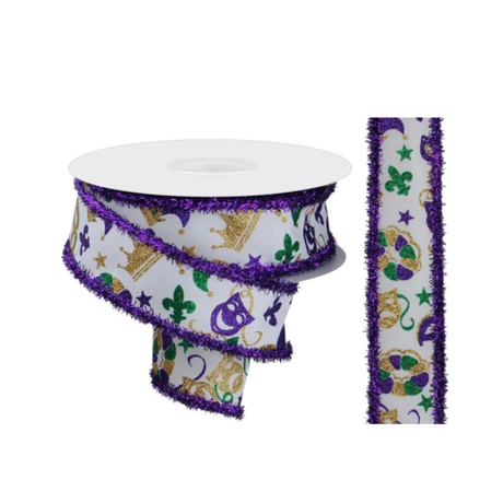 1.5"x10yd Mardi Gras Wired Ribbon – Purple Gold Green Glitter Mask & Crown Print-RGA870827 Craig Bachman