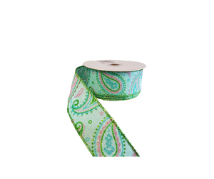 1.5"x10YD Paisley on Royal Wired Ribbon - Mint Green, Pink, and Light Blue Delight-RGC1384YR