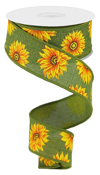 Sunflower Burlap Wired Ribbon | Green Yellow Floral Fall Ribbon | 1.5" x 10yd Craig Bachman