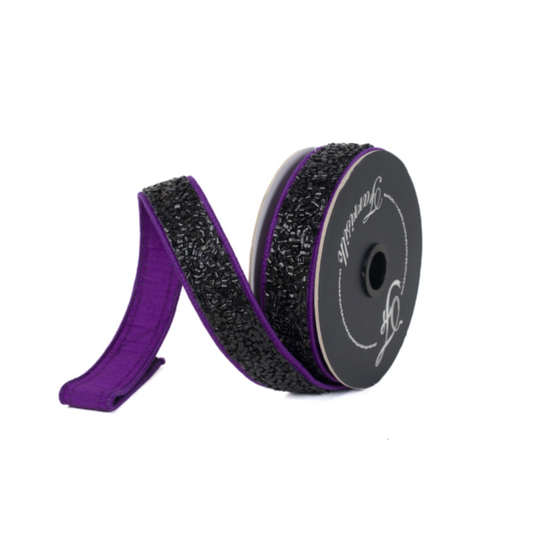Halloween Wired Ribbon – 1” x 10YD Farrisilk Purple and Black Creepy Fuzz Roll-HR036-27 Farrisilk