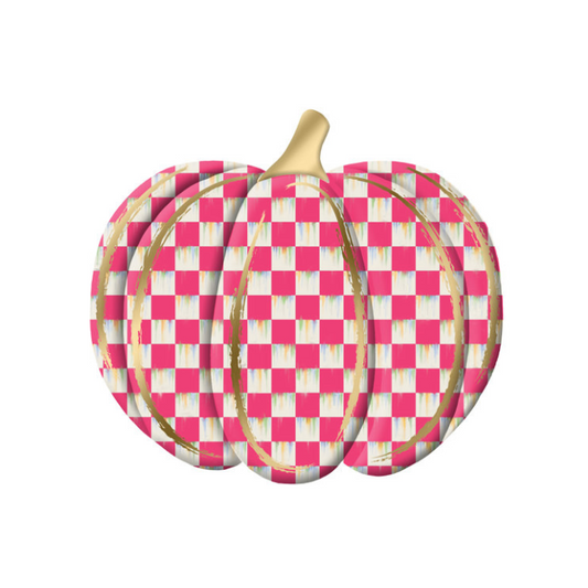 Metal Checkered Pumpkin – 12"x11" Embossed Pink & White Plaid Fall Decor with Gold Accents-MD165911 Craig Bachman