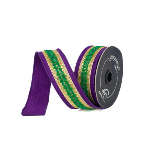 Mardi Gras Wired Ribbon 1.5"x10yd – Purple, Green & Gold Scroll Farrisilk Designer Ribbon Farrisilk