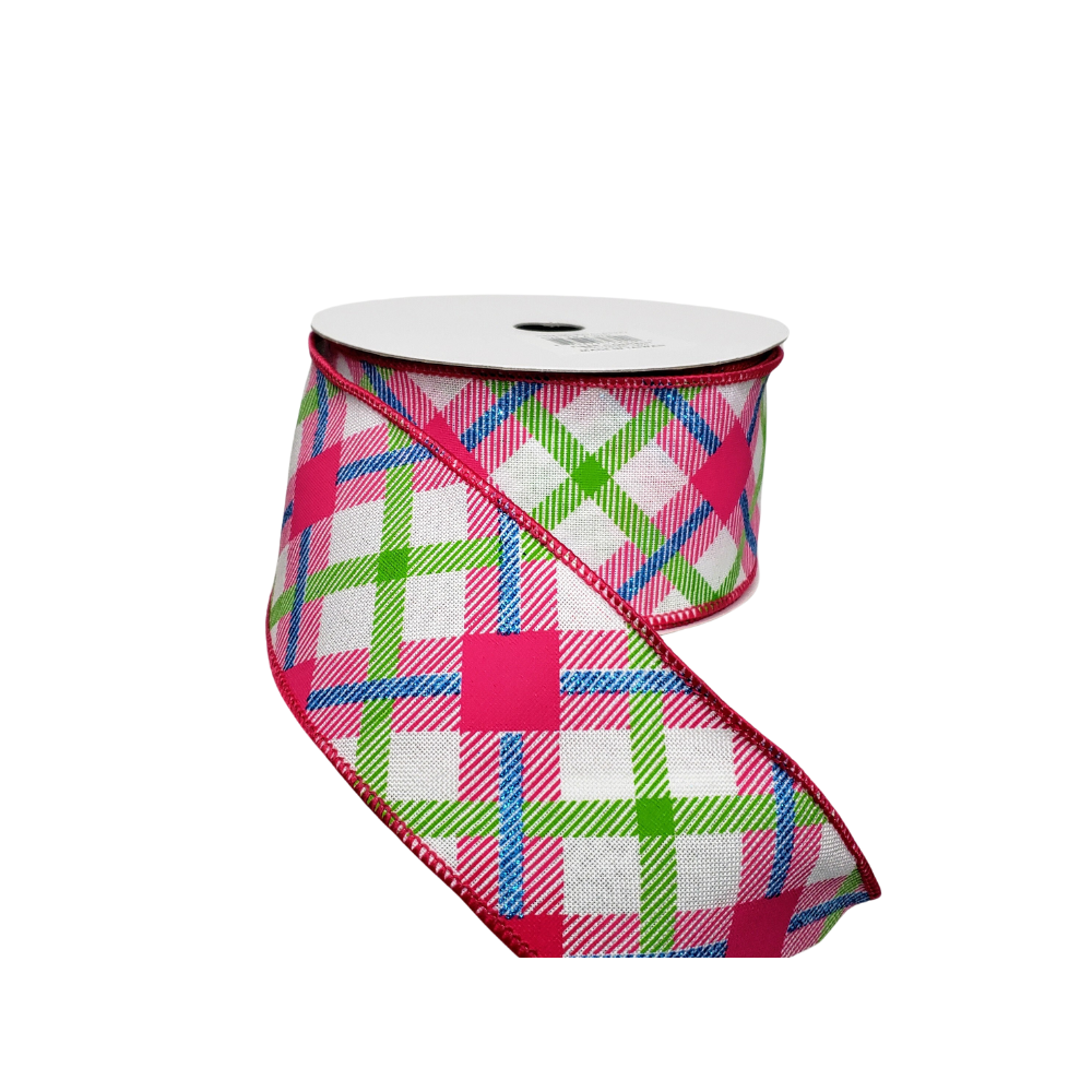 Vibrant Easter & Spring Plaid Wired Ribbon - White/Lime/Hot Pink/Blue - 2.5