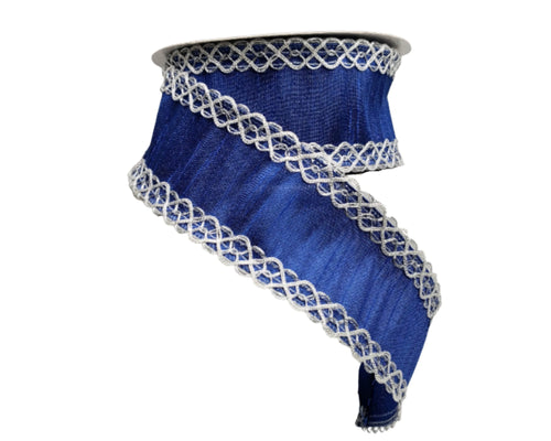 Royal Blue and Silver Faux Dupioni Wired Ribbon with Metallic Trim - 2.5 inches x 10 yards-RD190163