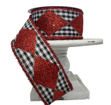 Load image into Gallery viewer, 2.5&quot;x10YD Bold Harlequin/Gingham/Tinsel-Black/White/Red Wired Ribbon