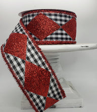 Load image into Gallery viewer, 2.5&quot;x10YD Bold Harlequin/Gingham/Tinsel-Black/White/Red Wired Ribbon