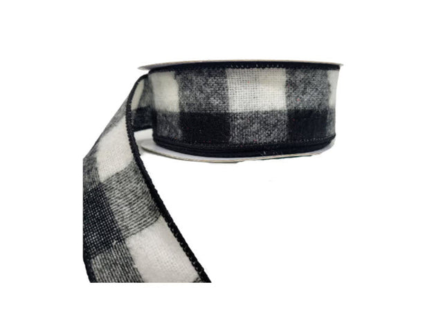 1.5"x10YD Fuzzy Large Check Wired Ribbon Black/White TCT Crafts