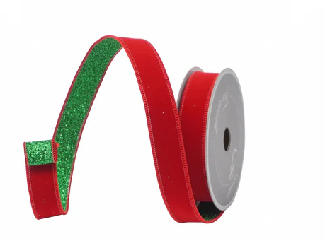 1"x10yd Farrisilk Emerald & Red Wired Christmas Ribbon – Luxury Velvet & Glitter Holiday Ribbon-RS200-48 Farrisilk