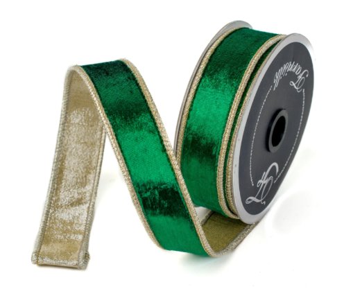 1"x10yd Farrisilk Green Satin Velvet Ribbon with Gold Backing – Luxury Wired Holiday Ribbon-RK661-55 Farrisilk