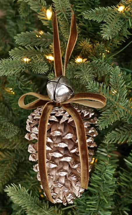 Jumbo Pinecone Bell Ornament | Taupe Velvet Ribbon Hanging Decor | 6" Pinecone-M32878 Impressive Enterprises, Inc.