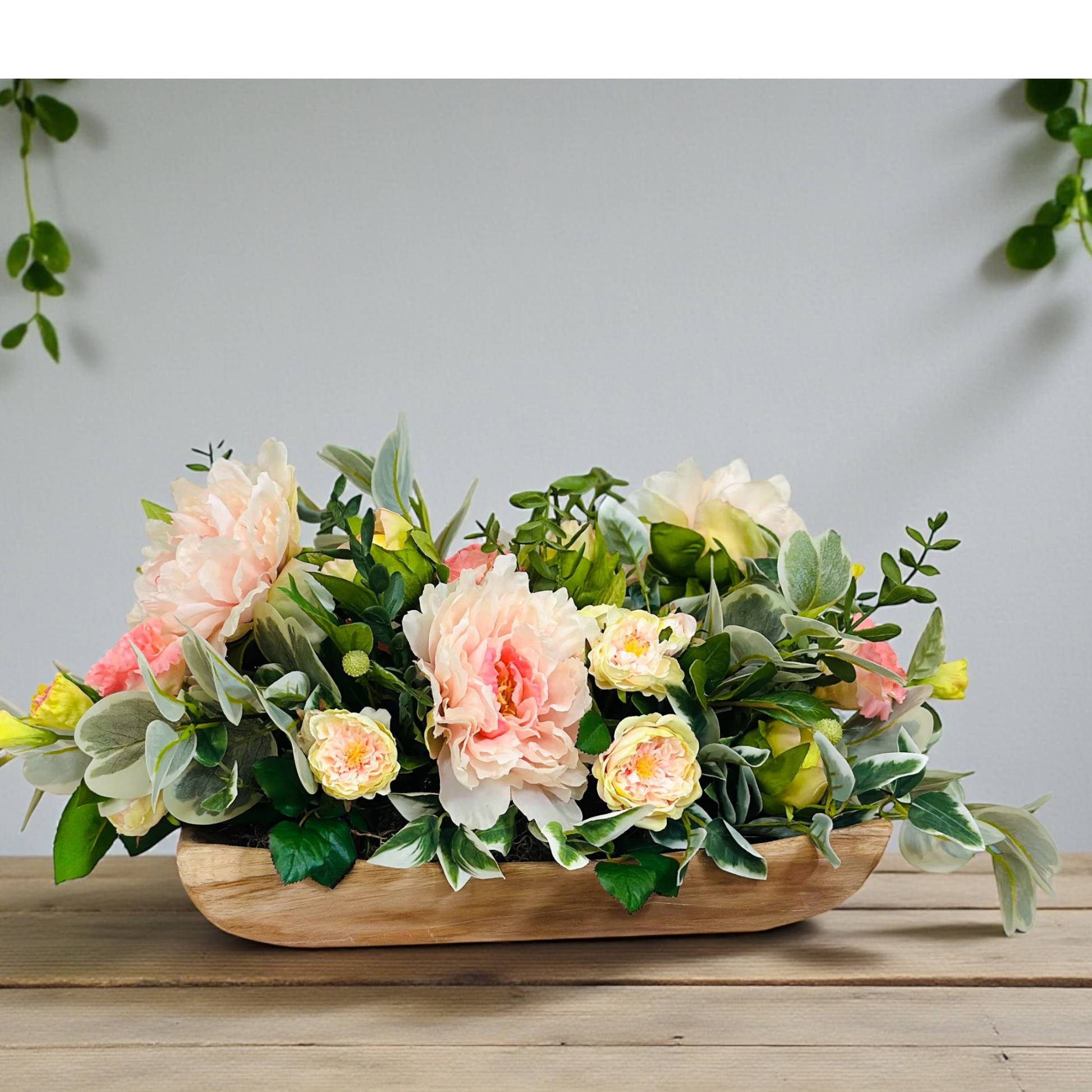 Soft Spring Garden Centerpiece with Peonies in Wooden Tray TCT Crafts
