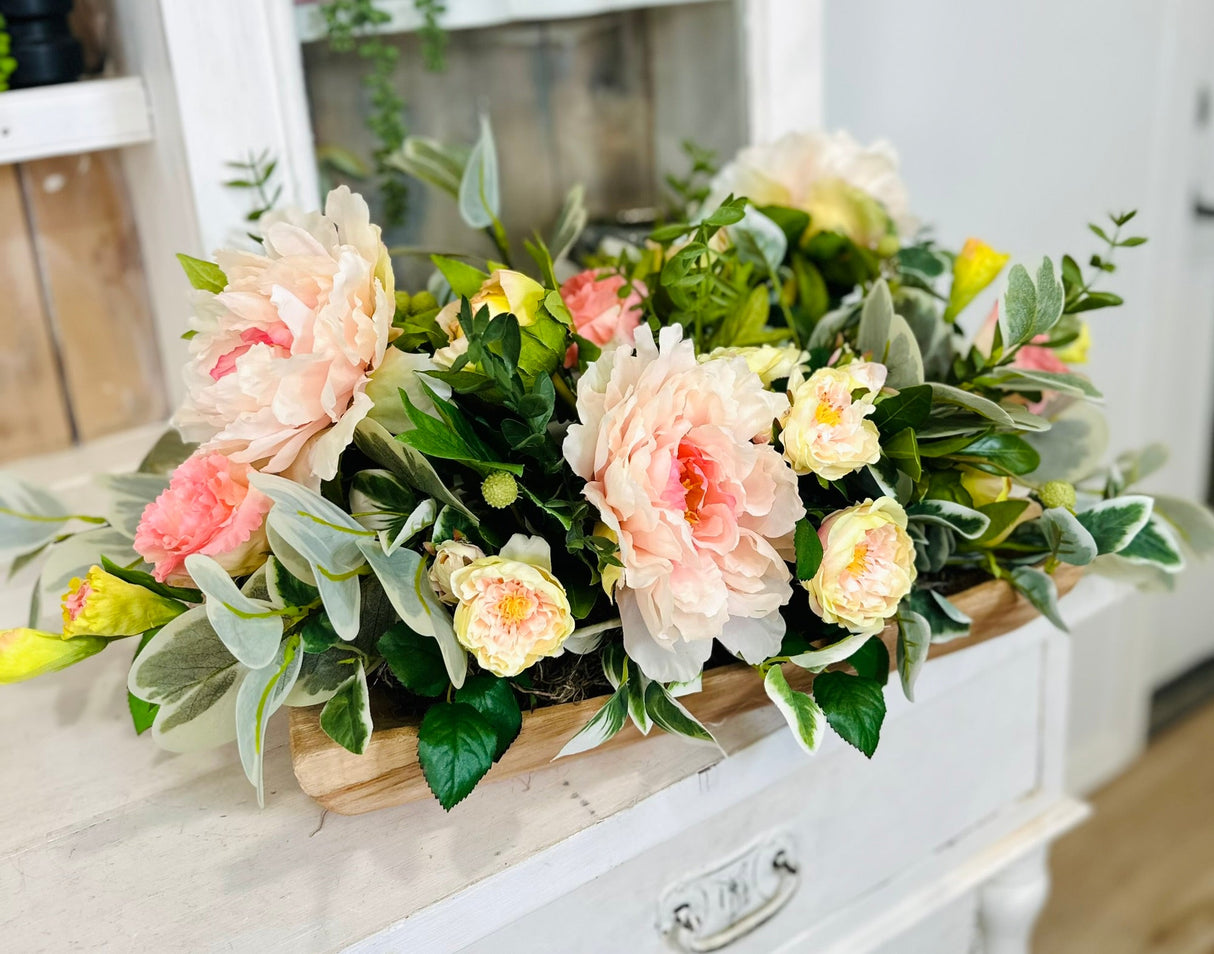 Soft Spring Garden Centerpiece with Peonies in Wooden Tray TCT Crafts