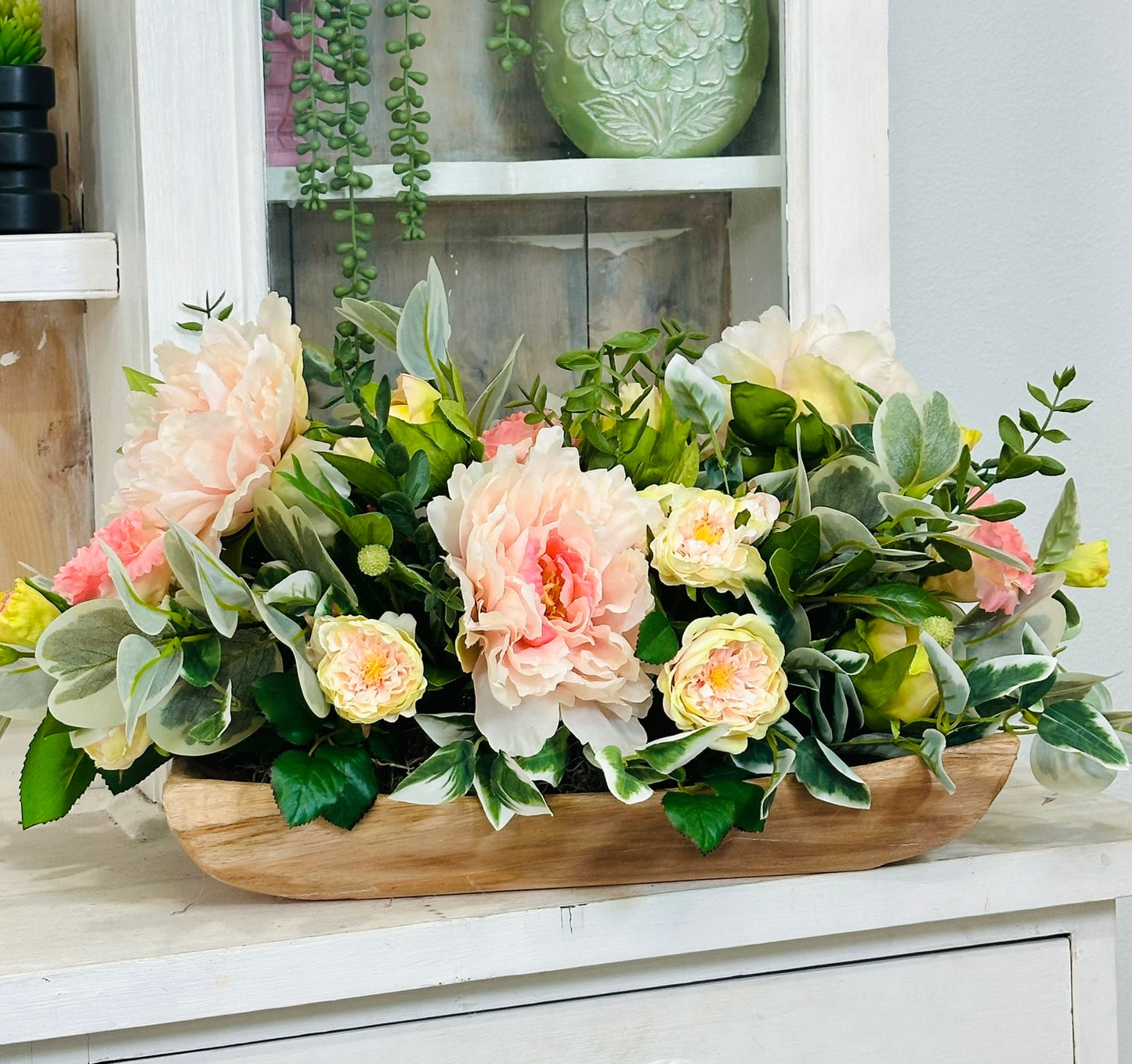 Soft Spring Garden Centerpiece with Peonies in Wooden Tray TCT Crafts