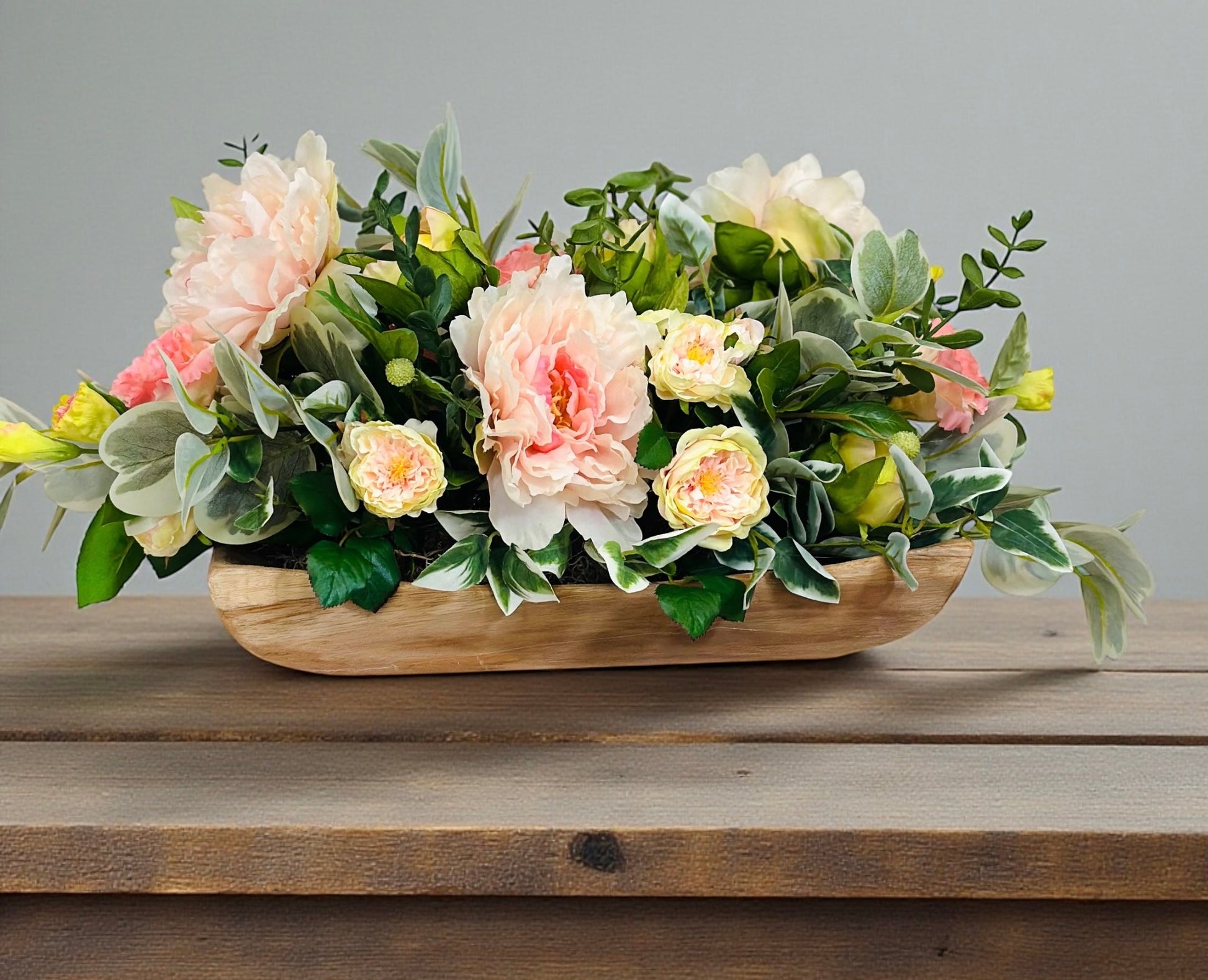 Soft Spring Garden Centerpiece with Peonies in Wooden Tray TCT Crafts