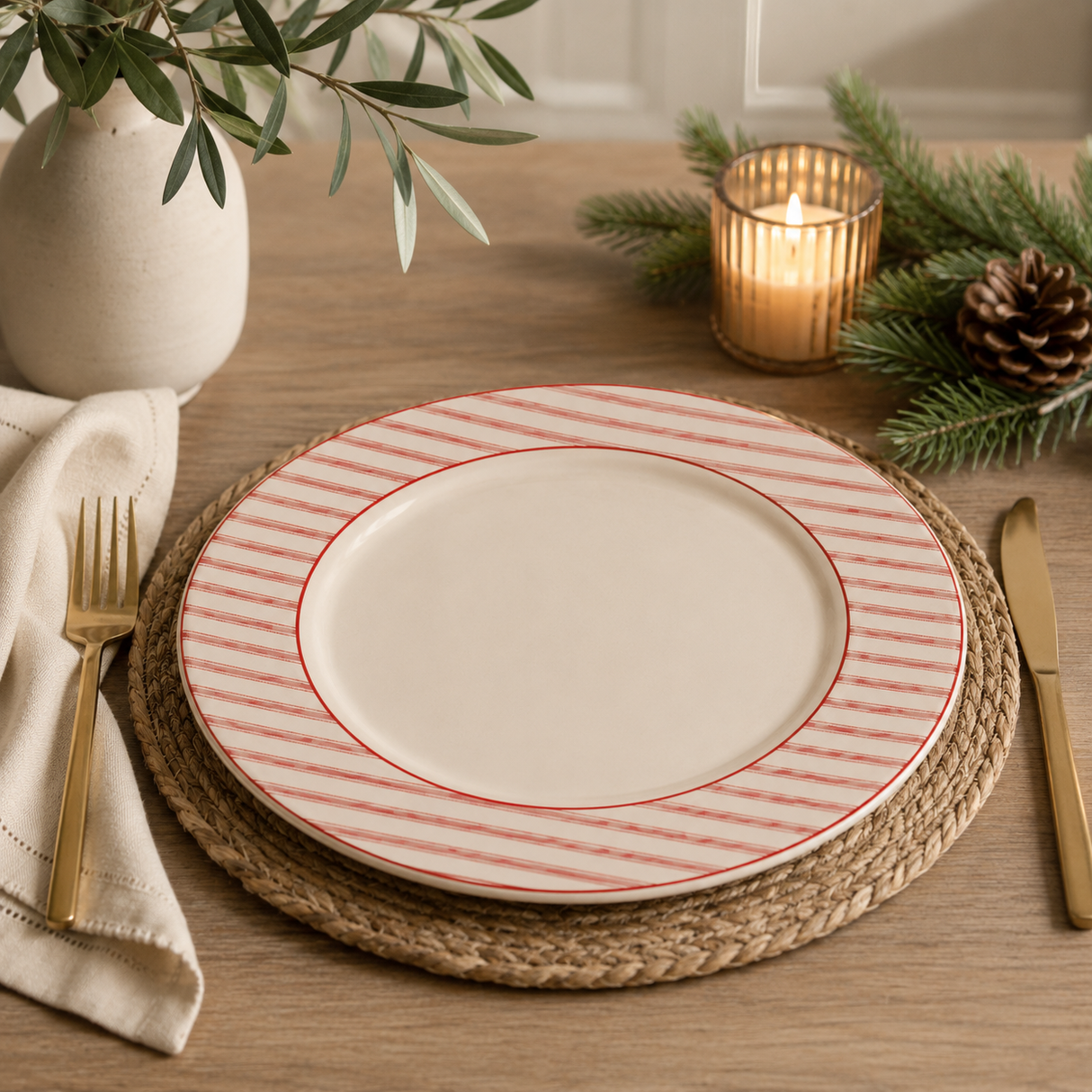 Red Ticking Stripe Charger Plate Set of 4 — 10.25 Inch Christmas Holiday Dining Plates-TC01940 Transpac