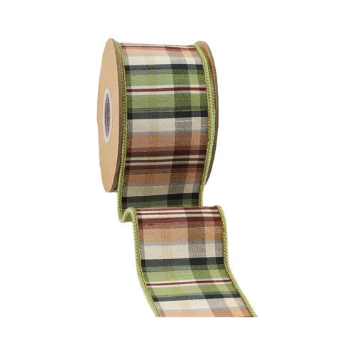 Green Tan Plaid Wired Ribbon | Dupioni Backing Fall Ribbon | 2.5" x 10yd-5600W-570-63E LA Ribbons
